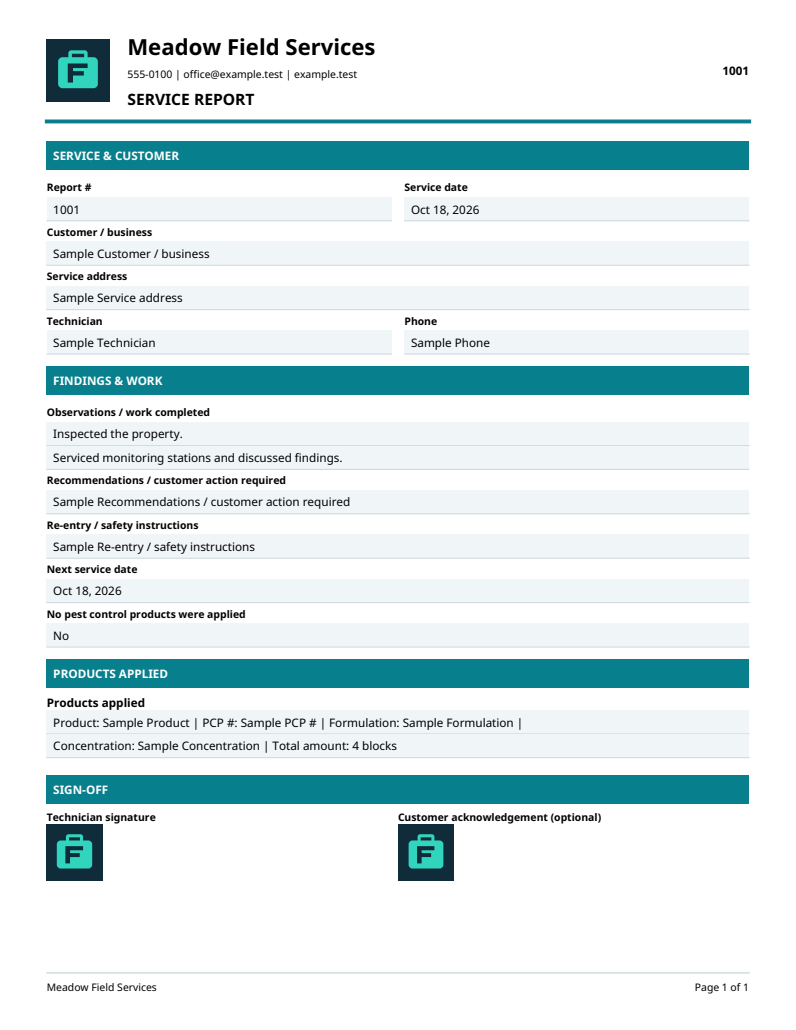 Example FieldKit service report with sample business branding and lined sections