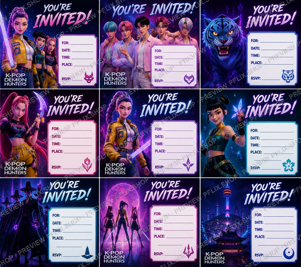 Neon K-Pop Demon Hunters Party Invitations