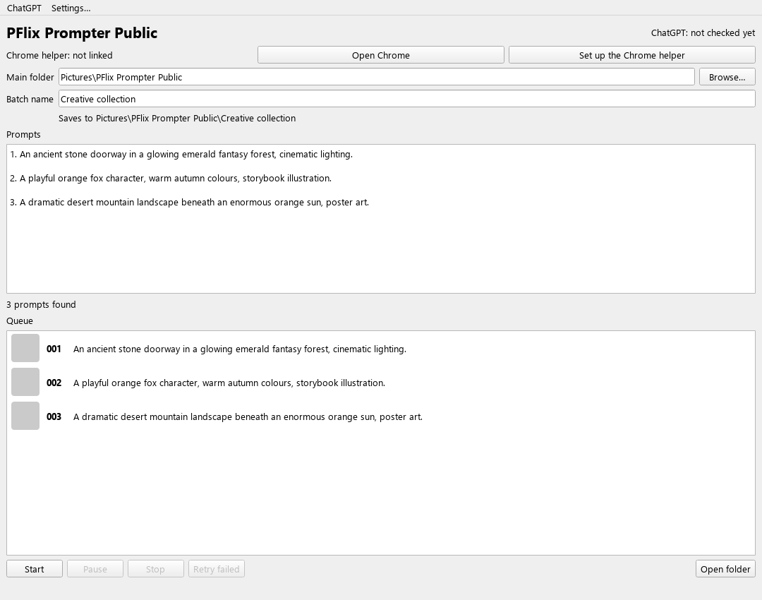 Real PFlix Prompter Public interface showing three sample prompts, a named batch folder, queue preview and Start, Pause and Stop controls