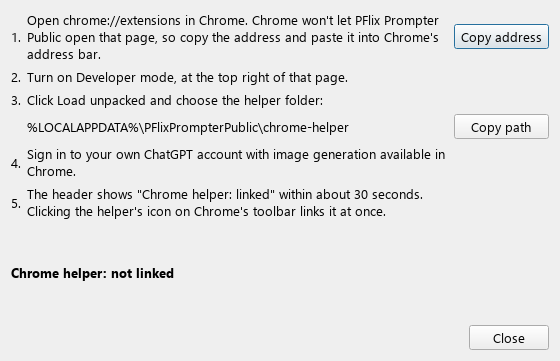 The app’s Chrome helper setup window with instructions and Copy address and Copy path buttons