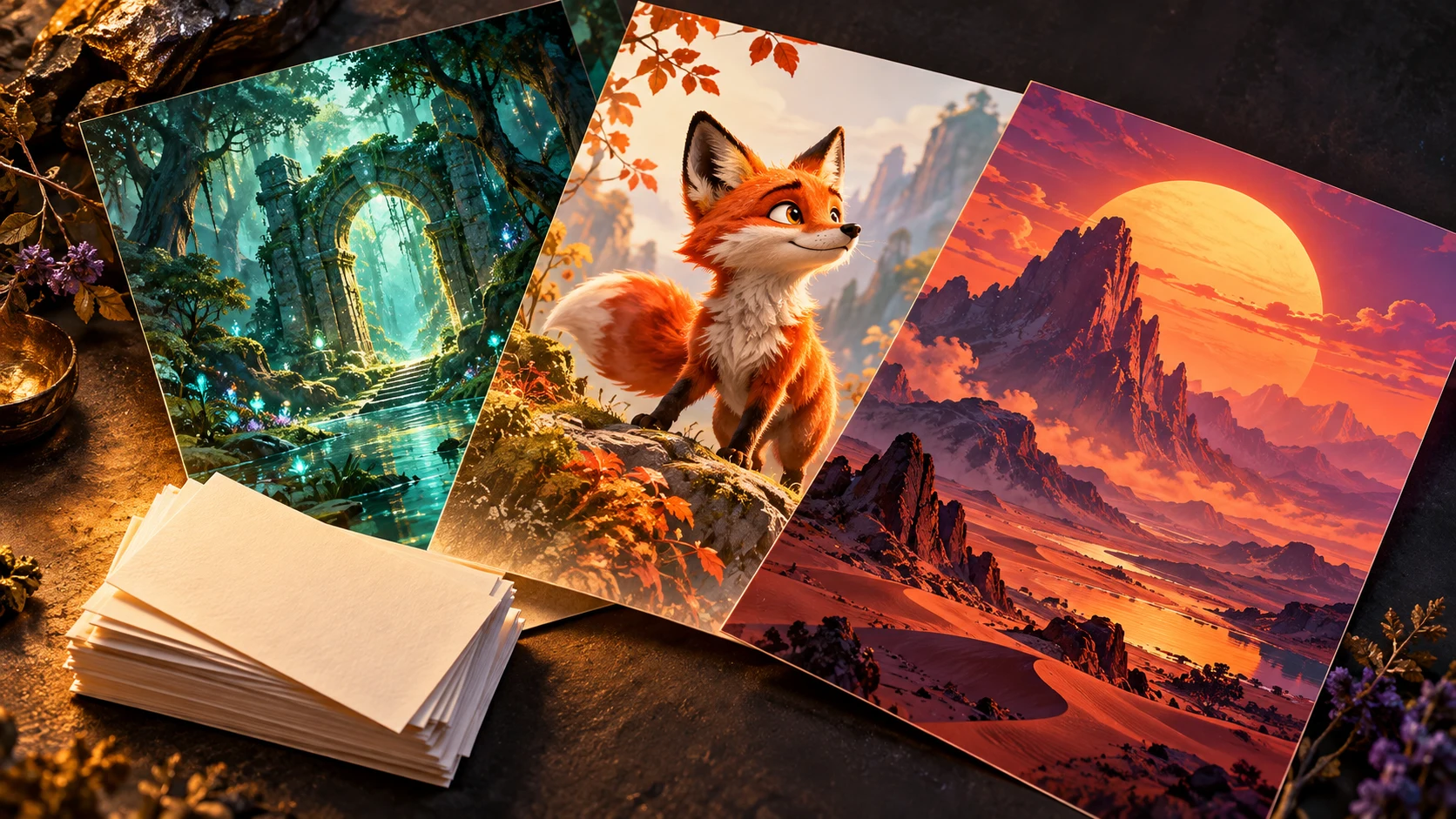 Creative artwork examples: a glowing forest doorway, a playful fox and a dramatic desert poster