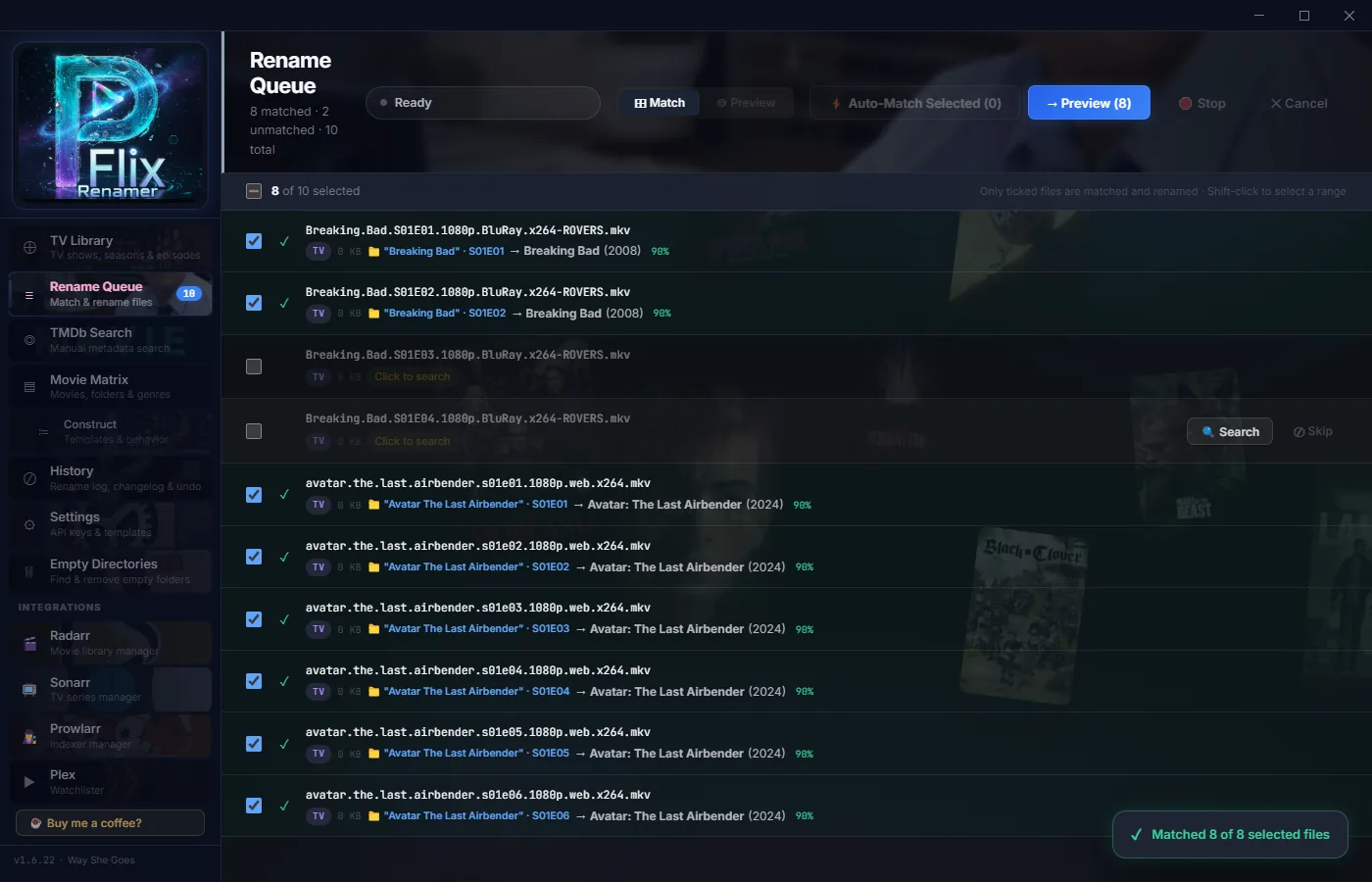 Rename Queue — tick the files to rename, with select-all and a live count