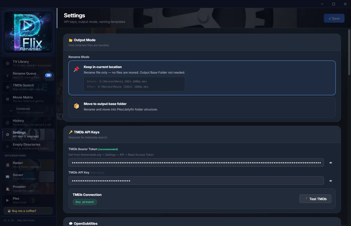Settings — OpenSubtitles integration
